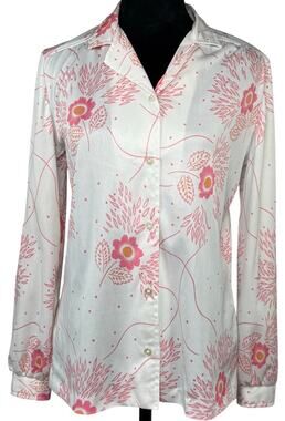 Vintage 70s Devon Pink Floral Button Front Blouse Long Sleeve Women’s S/M